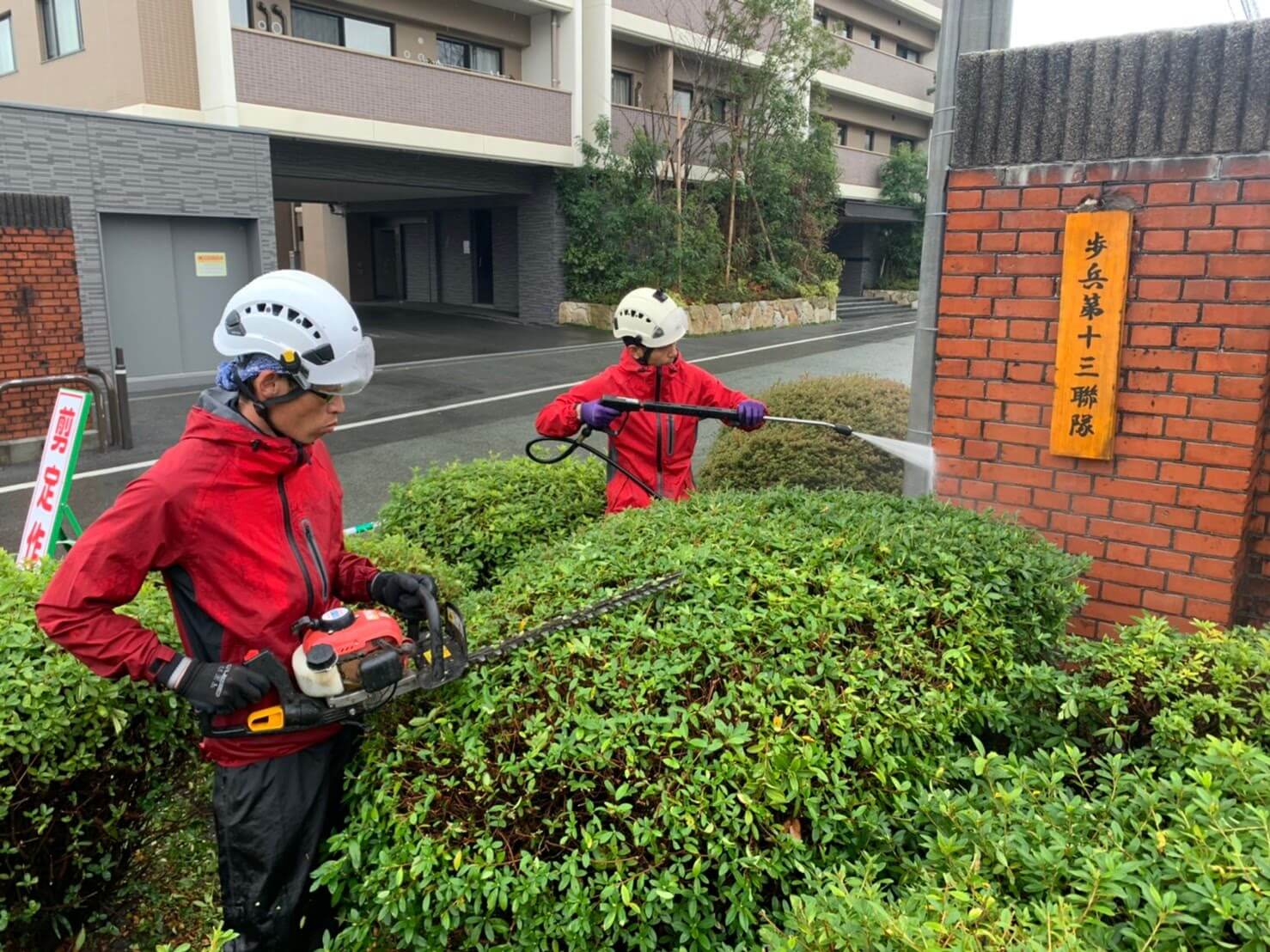 剪定を行う郡。門の洗浄を行う代表山本