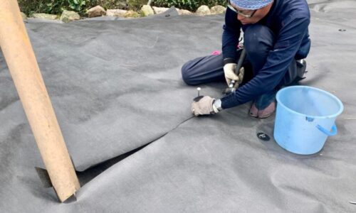 構造物の形に合わせてシートの敷き込みを行うスタッフ郡